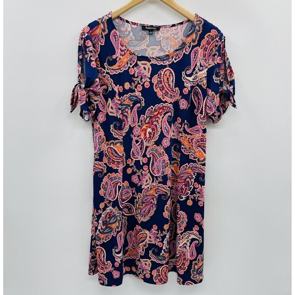 Relativity Womens Size Large Cold Shoulder Paisley Print A Line‎ Dress Blue
